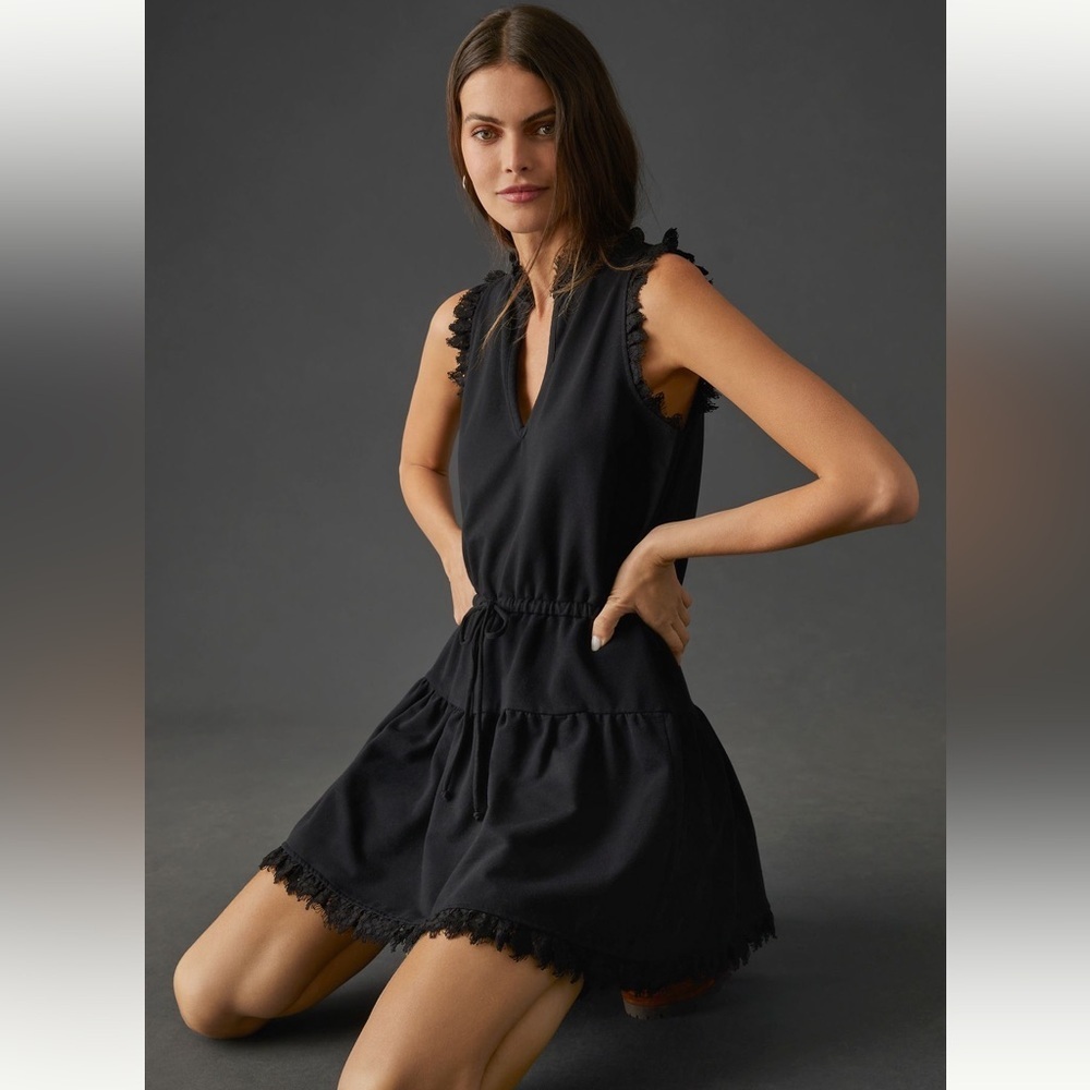 Sundays Black Lace Trim Sleeveless Terry Mini Tara Dress XS Ruffle Hem Tie Waist